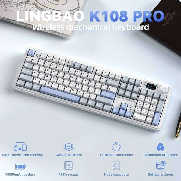 LINGBAO K108pro Mechanical Keyboard Tri-mode Korean Letters Macaron Color PBT Keycap 10000mAh Large Battery Computers for PC 26Y0613