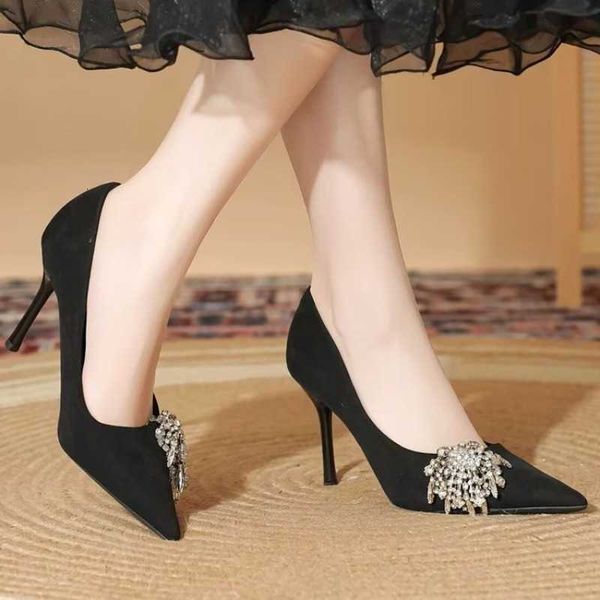 Autumn Rhinestone Flower Stiletto Shoes New Style Pointed Suede Slip-on Non-slip Wear-resistant High HeelsR260613