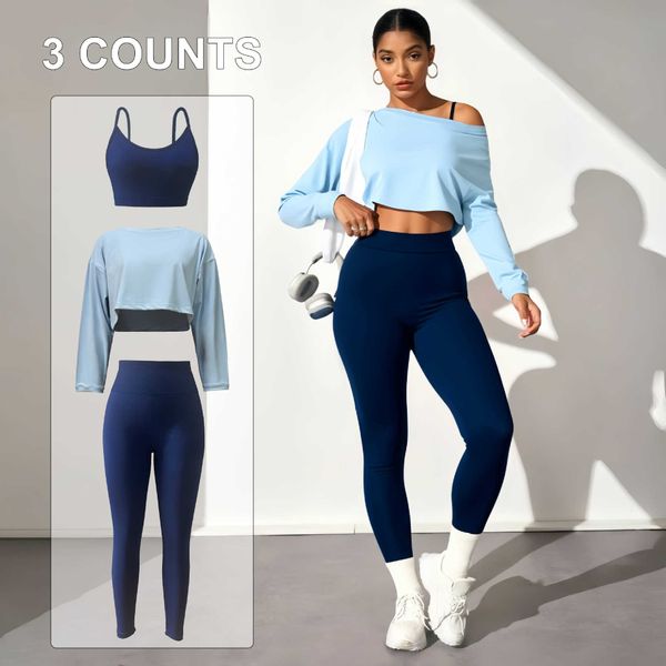 Yoga Fashionable Three-Piece Set Seamless Bra Tight Pants Long-Sleeve Top Womens Sports Yoga Outfit L260612
