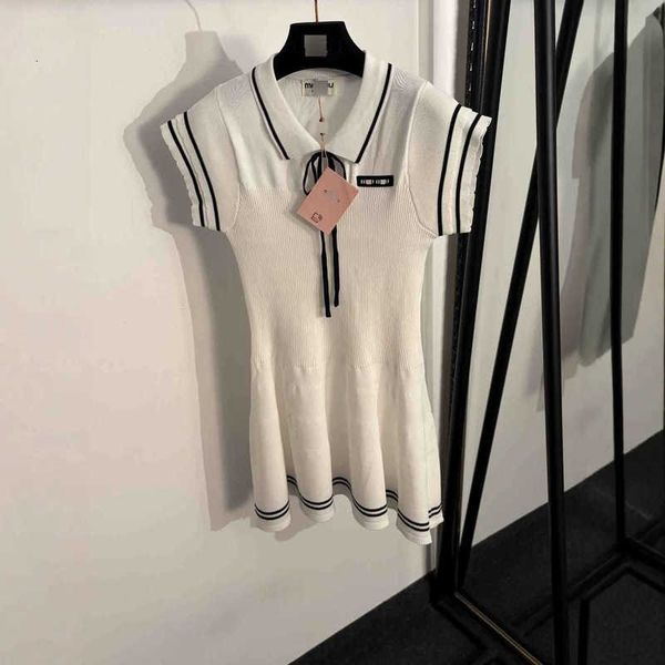 designer party dresses for women versatile new colour-blocked striped turn-down collar waist-cinching knitted short-sleeve dress