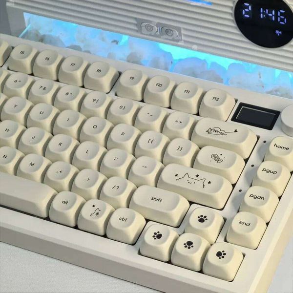 Simple Milky White Cute Cat Theme Keycap 124Keys PBT Sublimation MOA Profile Round Ball Caps Korean Mechanical Keyboard Keycaps 26Y0613