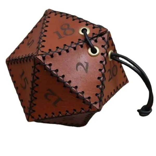 AD30-PU Leather D20 Bag, For DND Game, Portable Polyhedral Dice Pouch with Drawstring, Brown Color