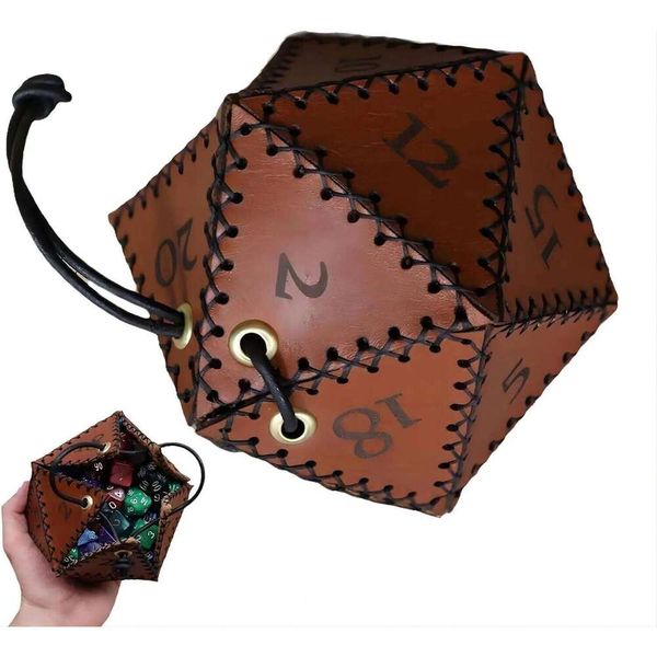 Leather D20 Bag RPG, Portable Polyhedral Dice Pouch with Drawstring Closure for Game and DND