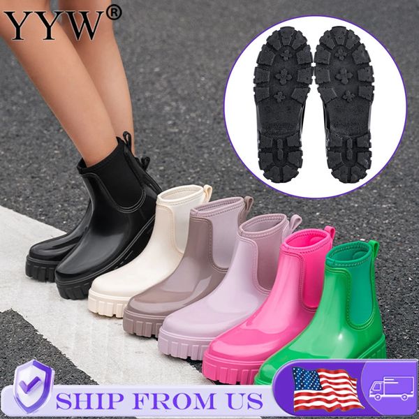 Fashion Rain Boots Shoes For Women PVC Solid Antislip Wearresistant Thick Soled Low Cut High Top Round Toe Waterproof Water 260608