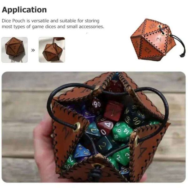 AD30-PU Leather D20 For Game Polyhedral Pouch Portable Drawstring Bag, Brown DND Dice Bag