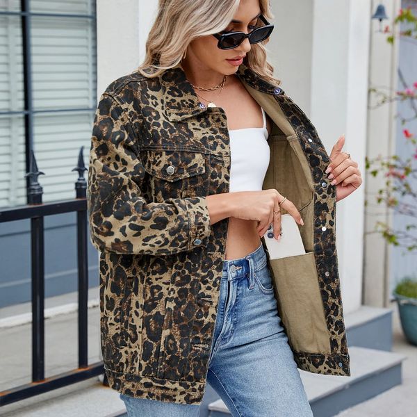 2026 Women Coats Denim Jacket Leopard Print Coat Single Breasted Jackets Turn Down Collar Pockets Vintage Streetwear Outerwear