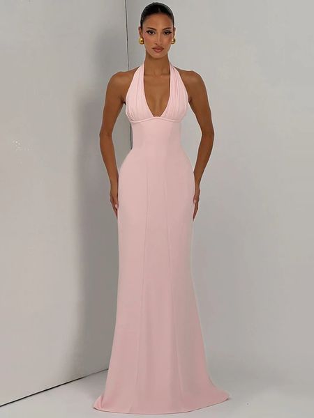 Mozision Women Halter Deep V Neck Sexy Maxi Dress Elegant Sleeveless Backless Bodycon Club Party Long Dresses Wedding Guest 260608