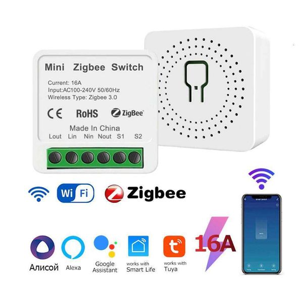 Mini ZigBee WiFi Smart Switch 100-240V 16A 2-Way Control Relay Breaker Tuya/Smart Life App Works with Alexa Google Assistant