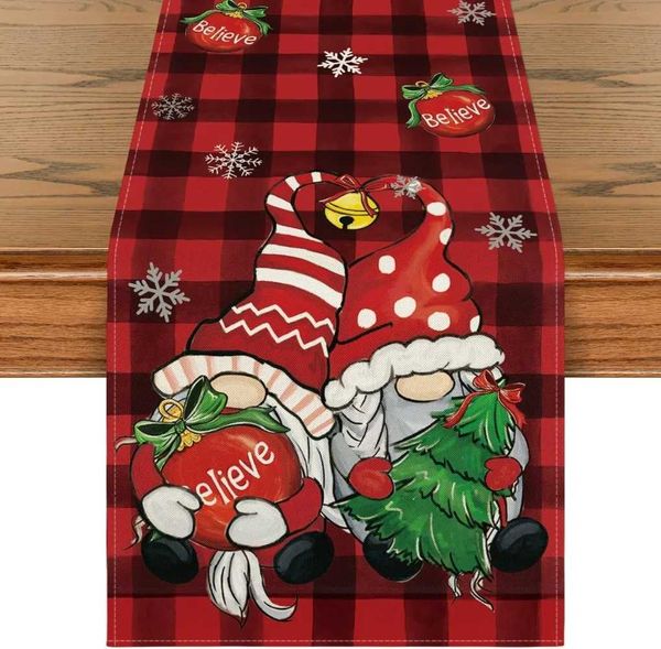 Artoid Mode Red and Black Buffalo Plaid Gnome Believe Snowflakes Christmas Table Runner Seasonal Winter Holiday Kitchen Dining L260616