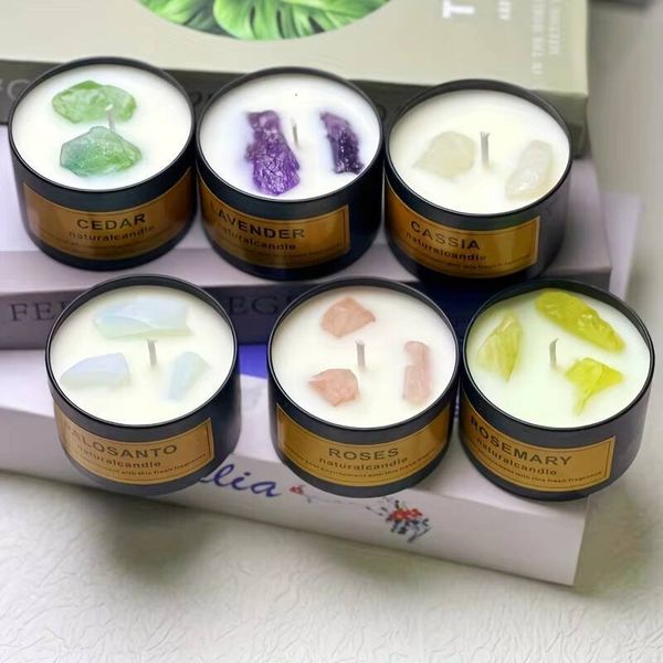 Floraeva 6 Scented Candles, Various Scents (Santalwood/Lavender/Cedar), Perfectly Matched With Crystal Stones