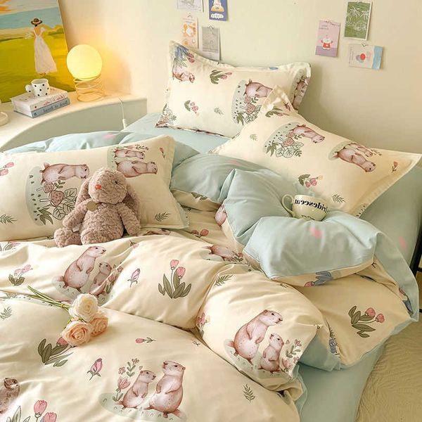 Cartoon Cute Duvet Cover Set No Filler Ins Full Queen Size Comforter Cover Sheet case Skin-friendly Girl Home Bedding Set D260616