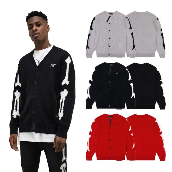 Autumn Men's Cardigans Streetwear V Neck Knit Hip Hop Street Style Knit Sweater Casual Cotton Bone Patterned Long Sleeve Sweater