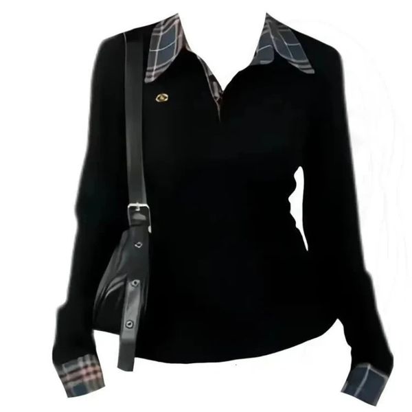 Polo Neck Plaid Patchwork Embroidery T Shirts Spring — compare prices at CompareOffers