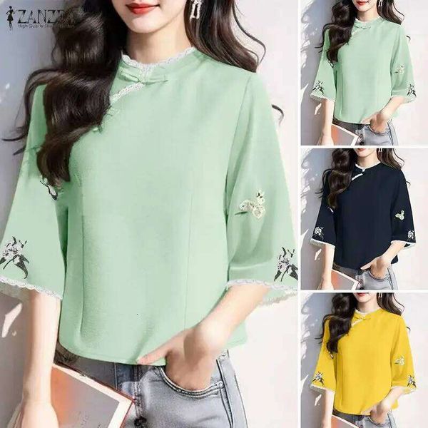 ZANZEA Women Blouse Trend 2026 Summer Lace Patchwork Shirt Spring Elegant 3/4 Sleeve Floral Embroidered Tops Office Work Shirts
