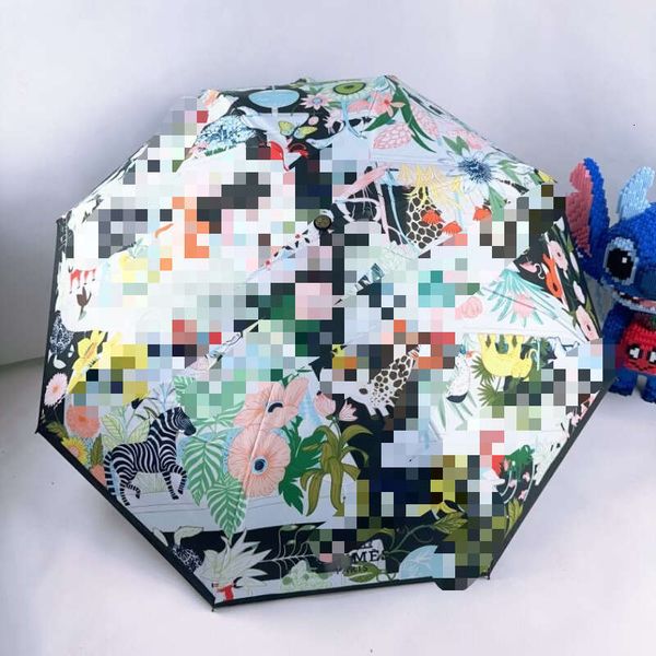 Automatic Zoo Three-Fold Umbrella with Black Coating, UV Protection, Sunshade, Dual-Purpose for Rain and Sun