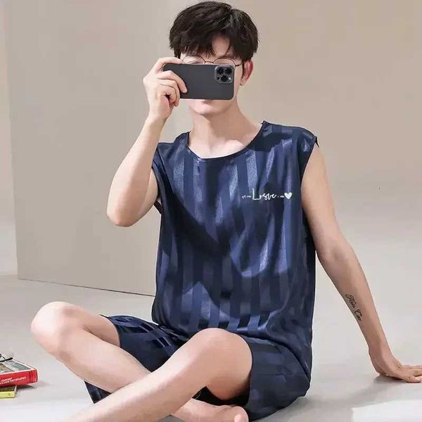 New Summer Men Ice Silk Thin Vest and Shorts Set Mens Pajamas Loungewear Set Plus-size Sleeveless Shorts Pant Casual Loungewear J260618