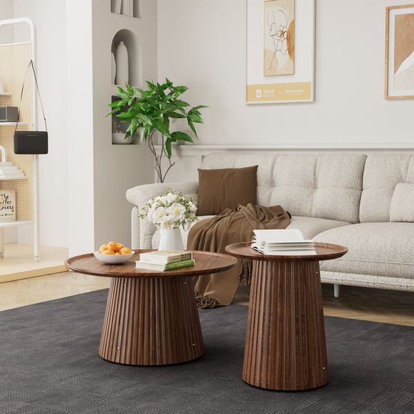 Round Coffee Table Set of 2 Large & Small Wooden Center & Side Tables Modern Walnut Finish for Living Room Office