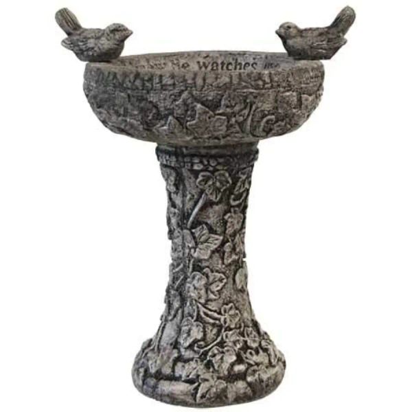 Elegant Bird Bath Pre-Aged Gray Concrete Garden Decor with Ivy and Bird Figures