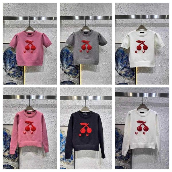 Knit Designer Womens Sweater Luxury Fall/Winter Edition Intricate Cherry Embroidery Letter Sequin Accents Youthful Style Round Neck Pullover Sizes S-L