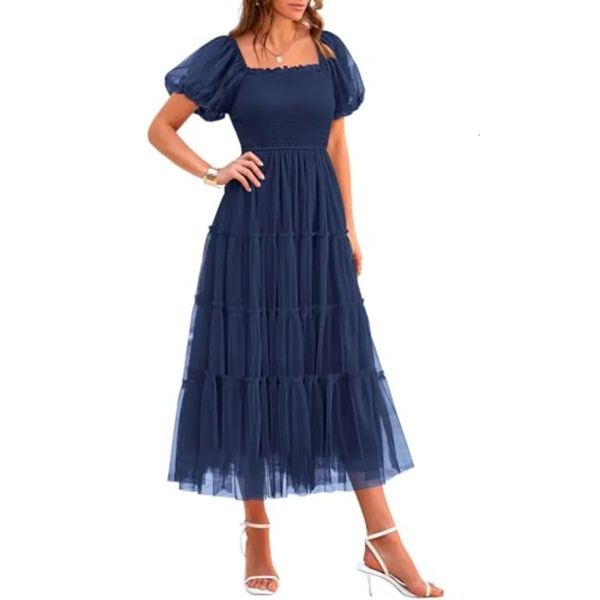 PRETTYGARDEN Women's Smocked Midi Tulle Dress 2026 Summer Puffy Short Sleeve Square Neck Ruffle Wedding Guest Party Dresses