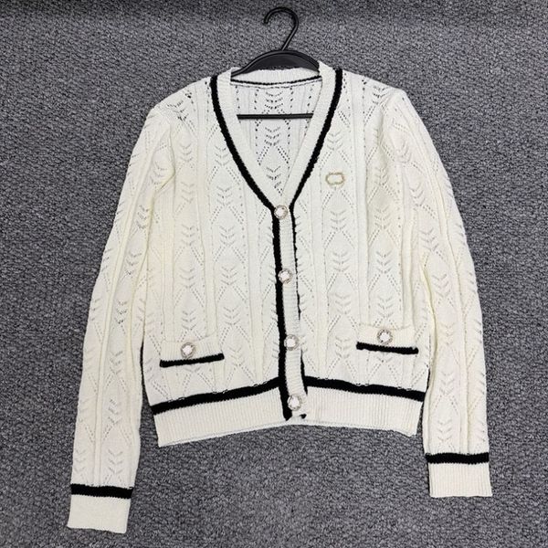 Luxury Knitted Plaid Cardigans Women V Neck Hollow Out Buttons Knitwear Spring Summer Breathable Brand Cardigan