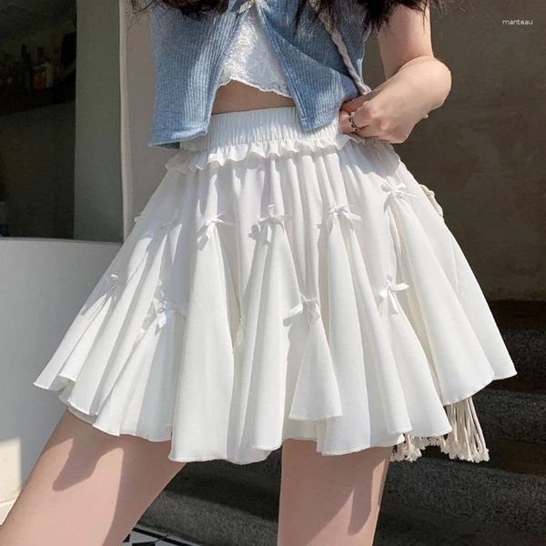 Skirts White Bow Short Skirt For Women Summer Sweet Ballet Style Pleated Cake Woman Loose Elastic High Waist A-line