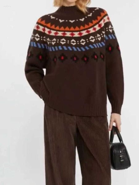 Sweaters Women's Wool Women Turtleneck Sweater Geometric Pattern Jacquard Long Slve Retro Lady 2 Colours Jumper Fall Winter L26