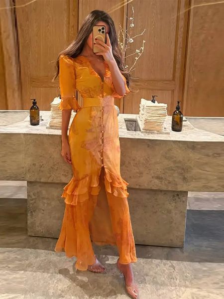 Elegant Ruffle Womens Long Dresses V Neck Half Sleeve Button Waist Cinching Pleated Dress 2026 Spring Lady Fashion Party Robes 260616