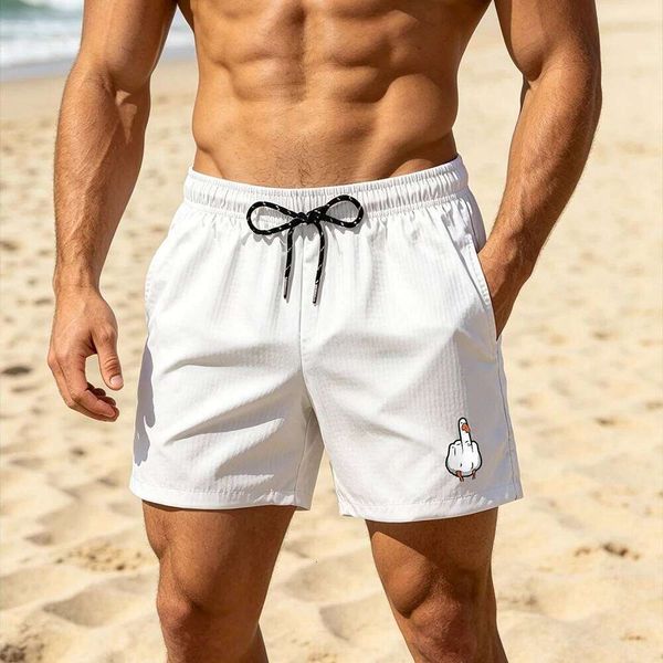 Men Quick Dry Beach Tropical Vacation Drawstring Waist Casual Surf Shorts With Side Pockets Cartoon Rude Goose Print