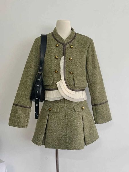 French Vintage twd twopiece set womens stand up collar pleated short jacket jacketpleated skirt 2piece dress L26
