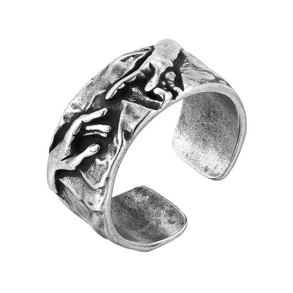 God's Hand Ring,10mm Width Chunky Retro Grey Bend Opening Ring,Vintage Oxidized Men's Metal Ring Gift