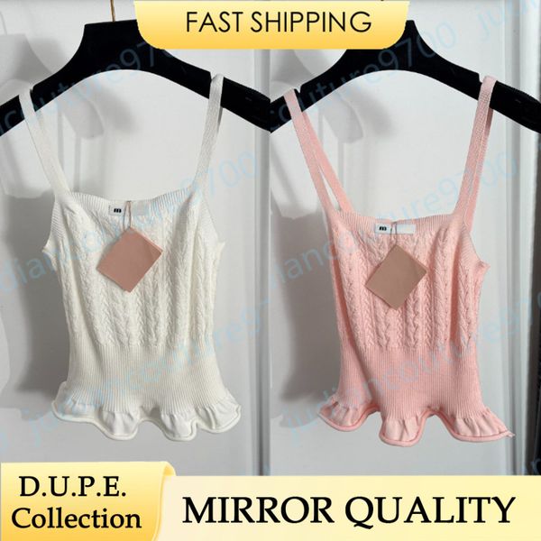 tops women designer Cable Knit Camisole Top Square Neck Ruffle Hem Slim Fit Rib Waist Subtle Embroidery Brand miuslogo Soft Stretch Fabric Cozy Summer Top