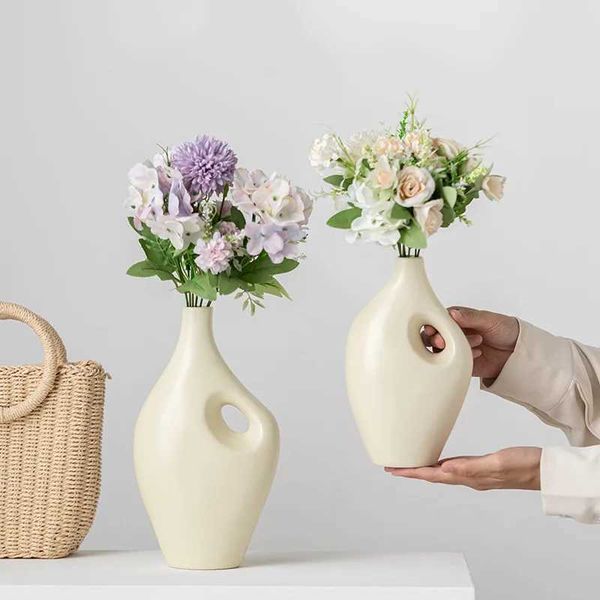 Modern Minimalist Beige Ceramic Flower Vase High Aesthetic Floral Pot Light Living Room Tabletop Home Decor WholesaleZ260622