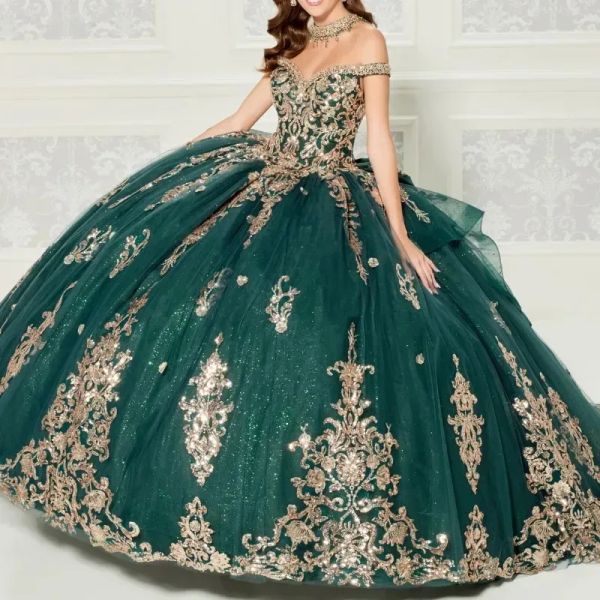 Dark green big poofy dress with heavy gold lace appliques, beads, sequins, glitter tulle train princess dress Quinceanera