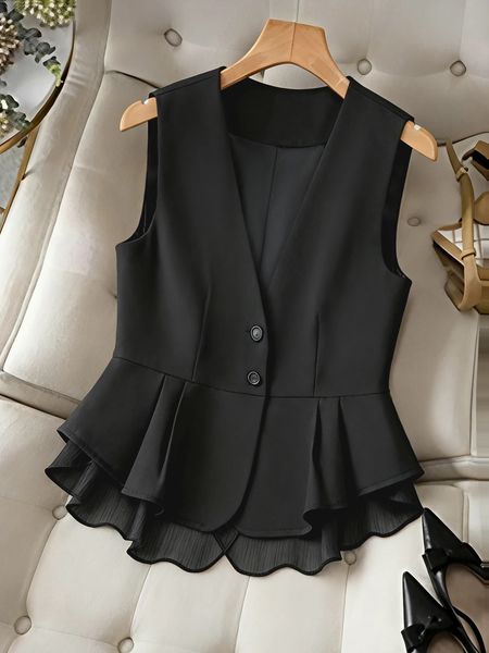 Womens Elegant VNeck Peplum Vest Sleeveless Button Down Blazer Waistcoat with Layered Chiffon Hem for Business Casual Office 260625