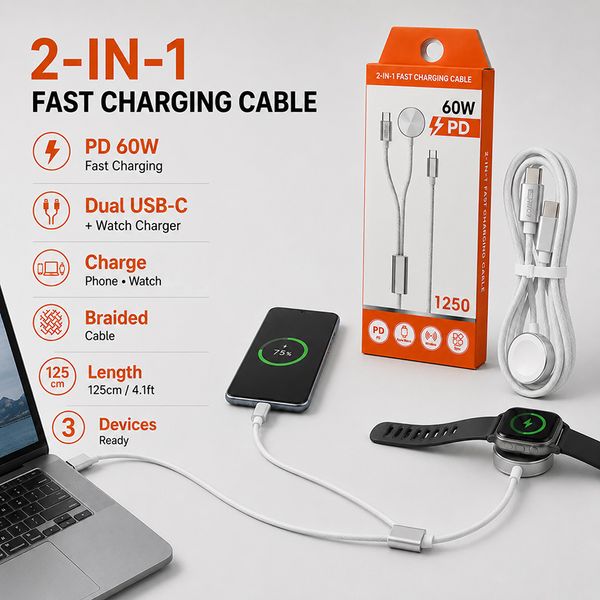 PD60W 2-in-1 Fast Charging Cable Braided USB-C Cord with Magnetic Wireless Charger for Smartwatch Supports Data Sync Compatible with Type-C Phones Tablets and iwatch