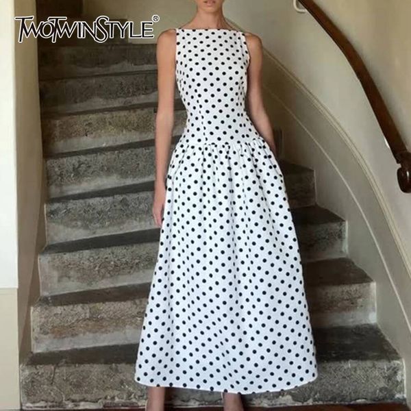 TWOTWINSTYLE French Elegant Dot Print Mid Dress For Women Square Collar Sleeveless Temperament Date Night Dresses Female Summer