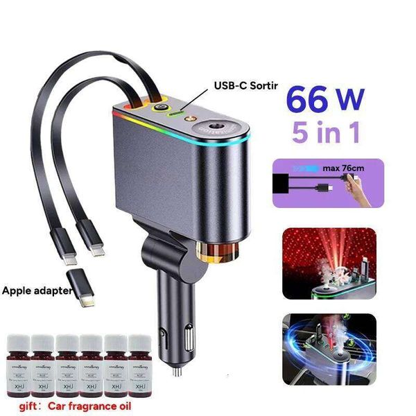 5-in-1 66W Car Fast Retractable Phone Charger With Roof Starlight USB Type-C Power Adapter For IOS Android Phones