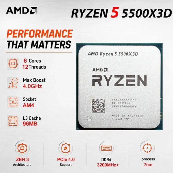 Ryzen 5 5500X3D AMD CPU Processor New R5 5500X3D 30 GHz 6-Core 12-Thread 7NM L396M Socket AM4