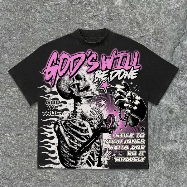 Men's T Shirts American Retro God's Will Skull Pattern Cotton T-shirt Printed Graphic Men And Women Oversized Street Wear
