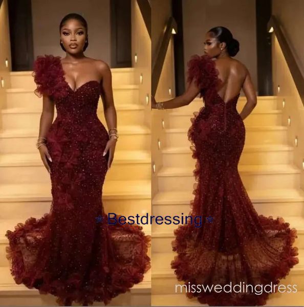 Elegant Burgundy Prom Dresses For Black Girls 2026 Luxury One Shoulder Mermaid Sequins Beads Formal Evening Gala Dress Customized M01bc22049 Bd624
