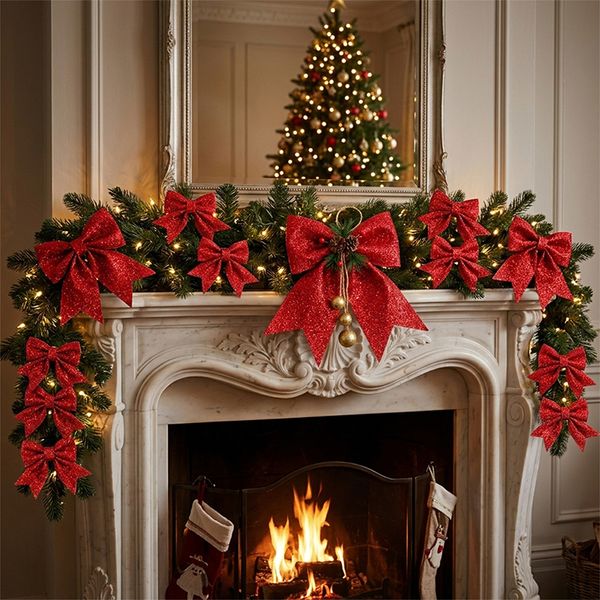Sequin Christmas Bow Ornament Glitter Xmas Tree Hanging Decoration Holiday Window Display Pendant Festive Party Decor Wholesale