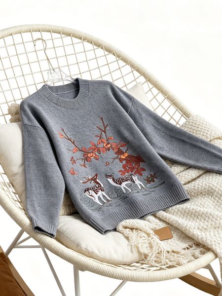 Women's Grey Deer Embroidery Sweater