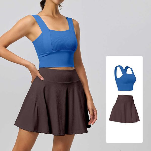 Womens Ribbed Workout Outfit 2026 RacerPush Up Fixed Chest Pads Workout Set High Waist Skirt with Liner 2 Piece Yoga Set M260626