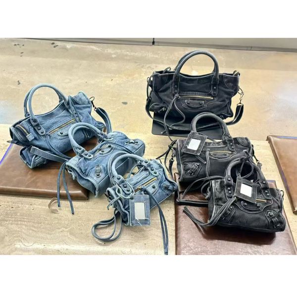 Designer Washed Denim Motorcycle Handbag Luxury Faded Denim Moto Tote Bag Women Rivet Decor Crossbody Bag Large Capacity Distressed Tote Bag
