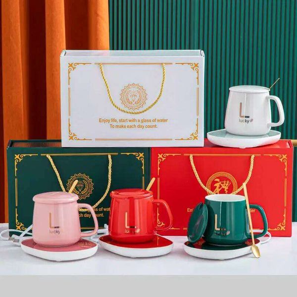 USB Rechargeable Ceramic Mug Kit, 55C Smart Warming with Stainless Steel Spoon, Portable Travel & Office Gift Set 26L0626