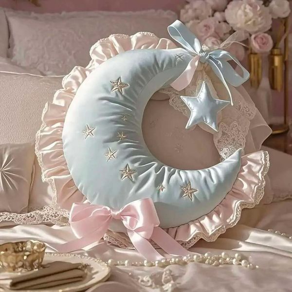 Creative Lolita Girls Bedroom Lace Ruffle Bow Decorative Moon Shape Back Seat Cushion 001