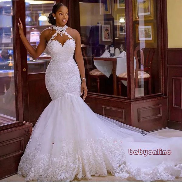 Arabic Aso Ebi Vintage Lace Beaded Sheer Neck Mermaid Bridal Dresses Sexy Cheap Wedding Gowns Dress W129