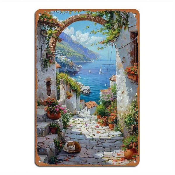 Vintage Greek Village Street Scene Metal Wall Art - Durable Iron Decorative Sign Plaque for Home and Bar Rustic Design with C260626