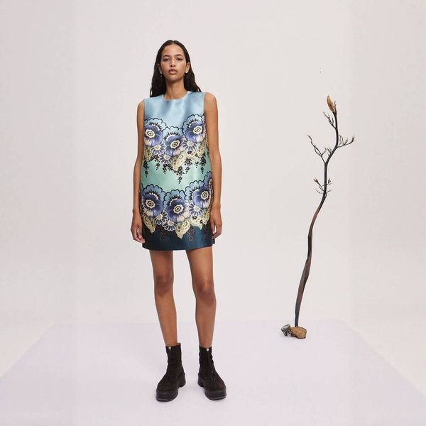 Australian niche faux silk blue and purple printed sleeveless tank 2025 new holiday style beach mini dress